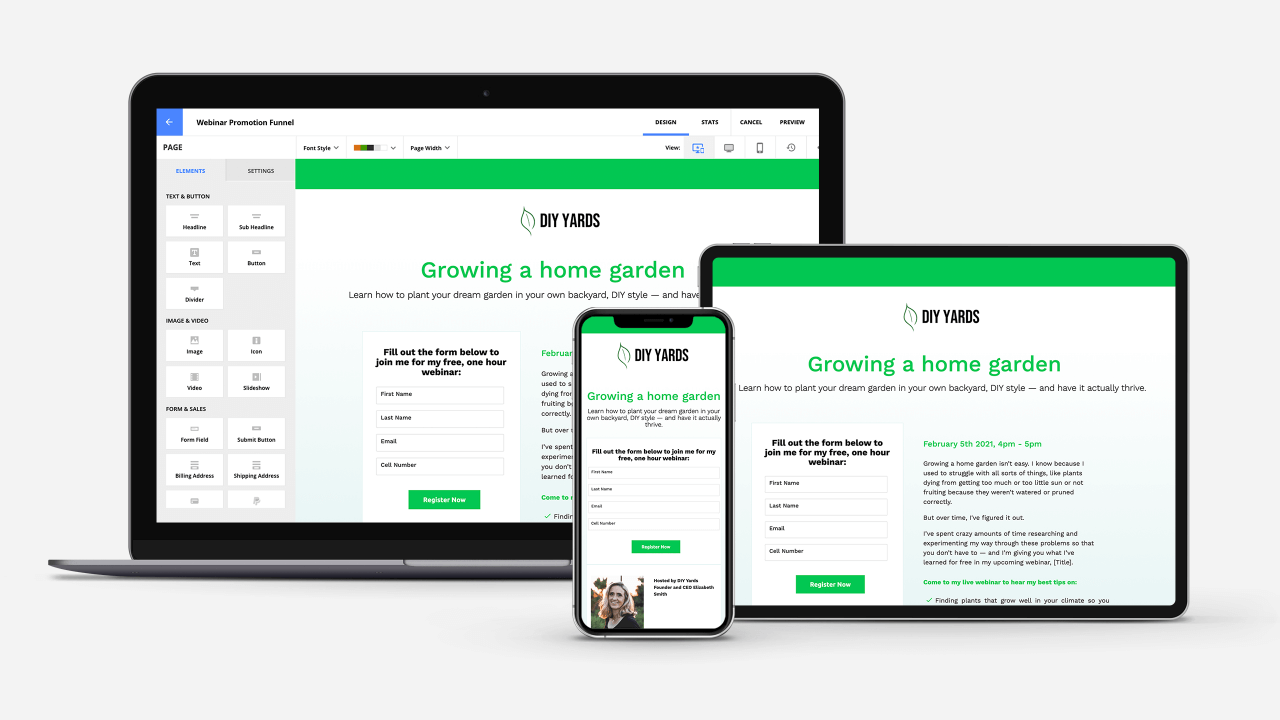 The Webinar Promotion FunnelSetup Wizard being displayed on laptop and mobile devices