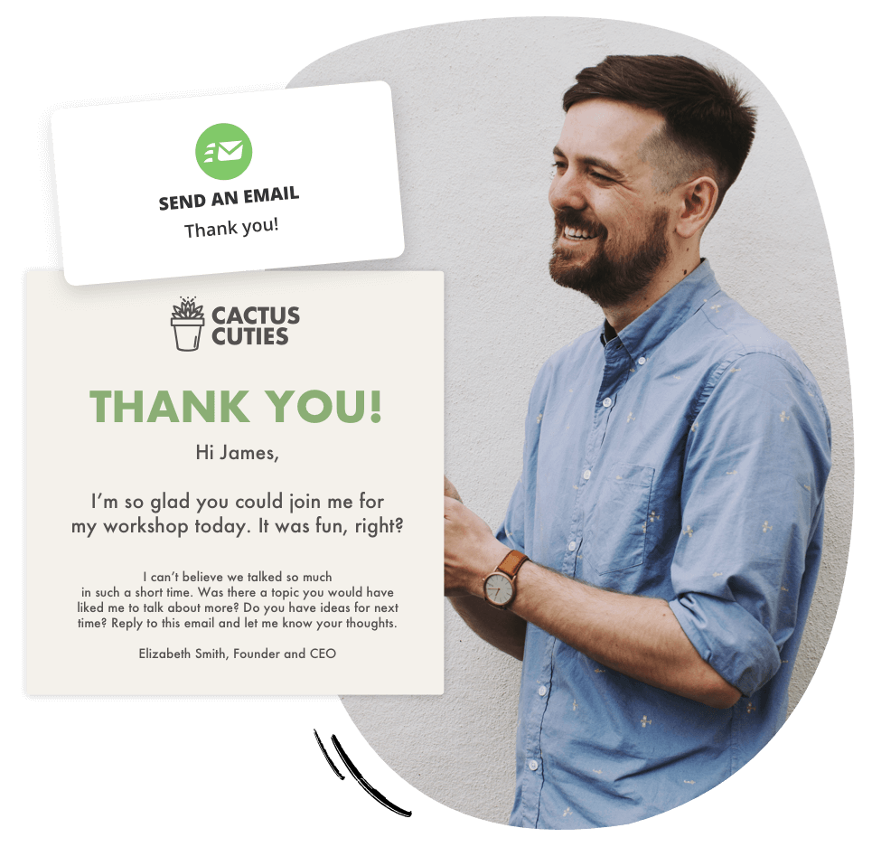 A thank you page pop-up with a man in a blue button-up shirt next to it.