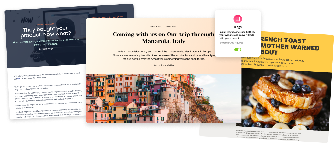 Three screenshots of blog pages, layered on top of each other to demonstrate the possibilities of dynamic blog posts.