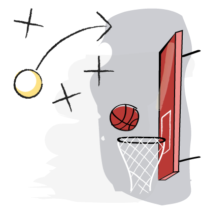 Designed image of a basketball going into a basketball hoop.