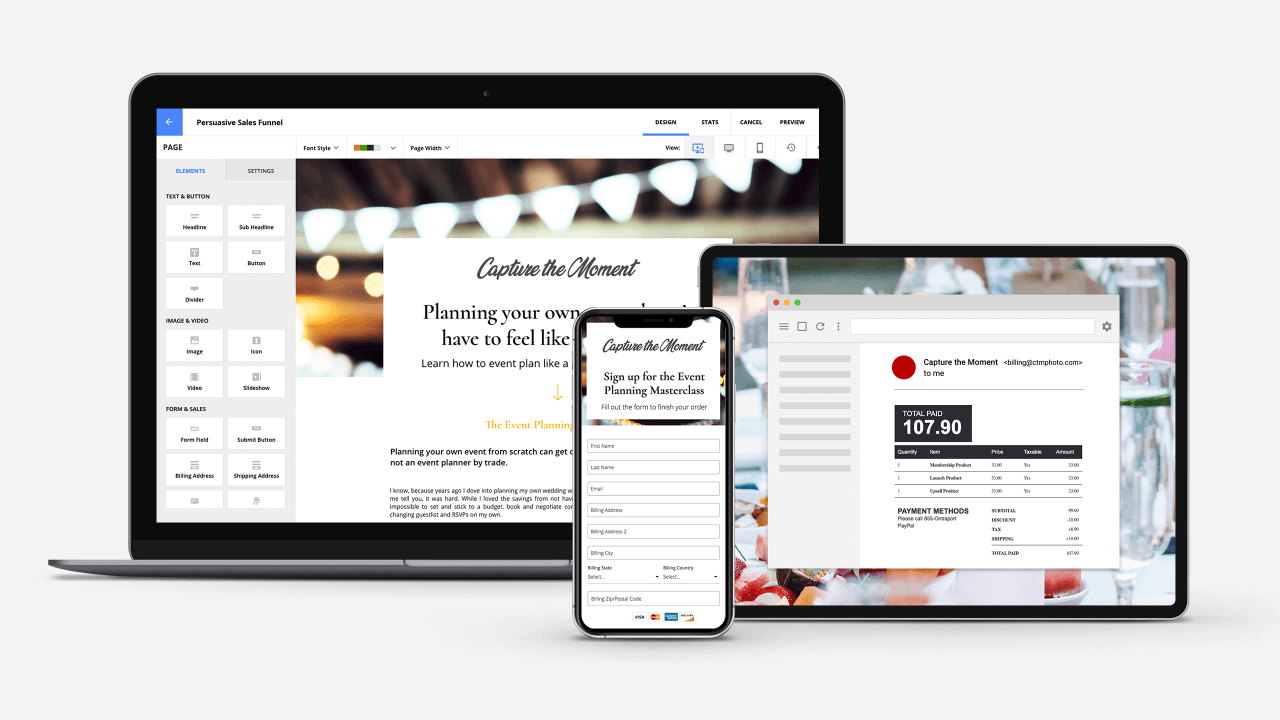 Ontraport's new Persuasive Sales Funnel Wizard being displayed on laptop and tablet devices