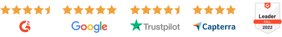 Star reviews: 4.5 stars on G2Crowd, 5 stars on Google, 4.5 stars on Trustpilot, 4 stars on Capterra, G2 Crowd Leader in CRM Award Winner.