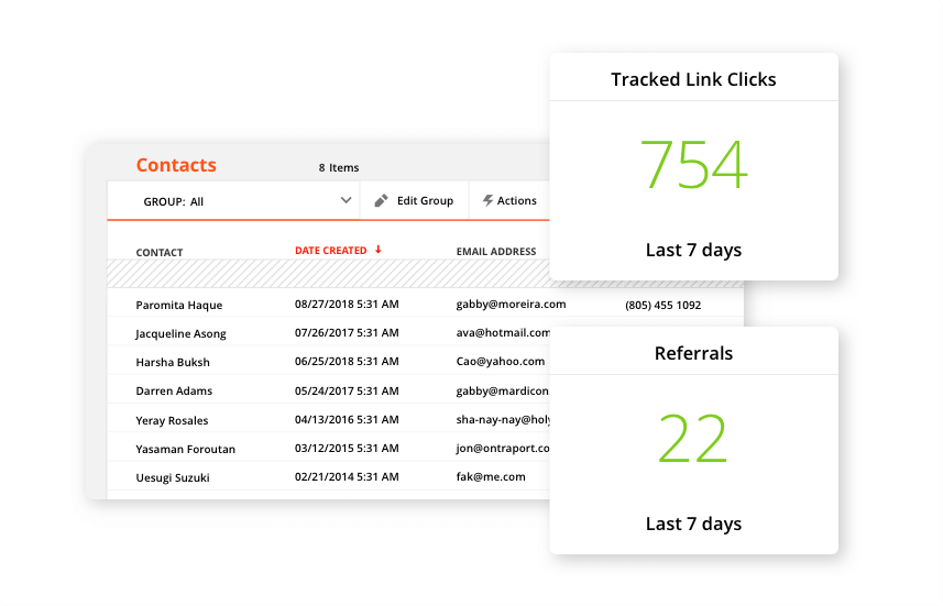 Screenshots of tracked link statistics reported in the Ontraport app