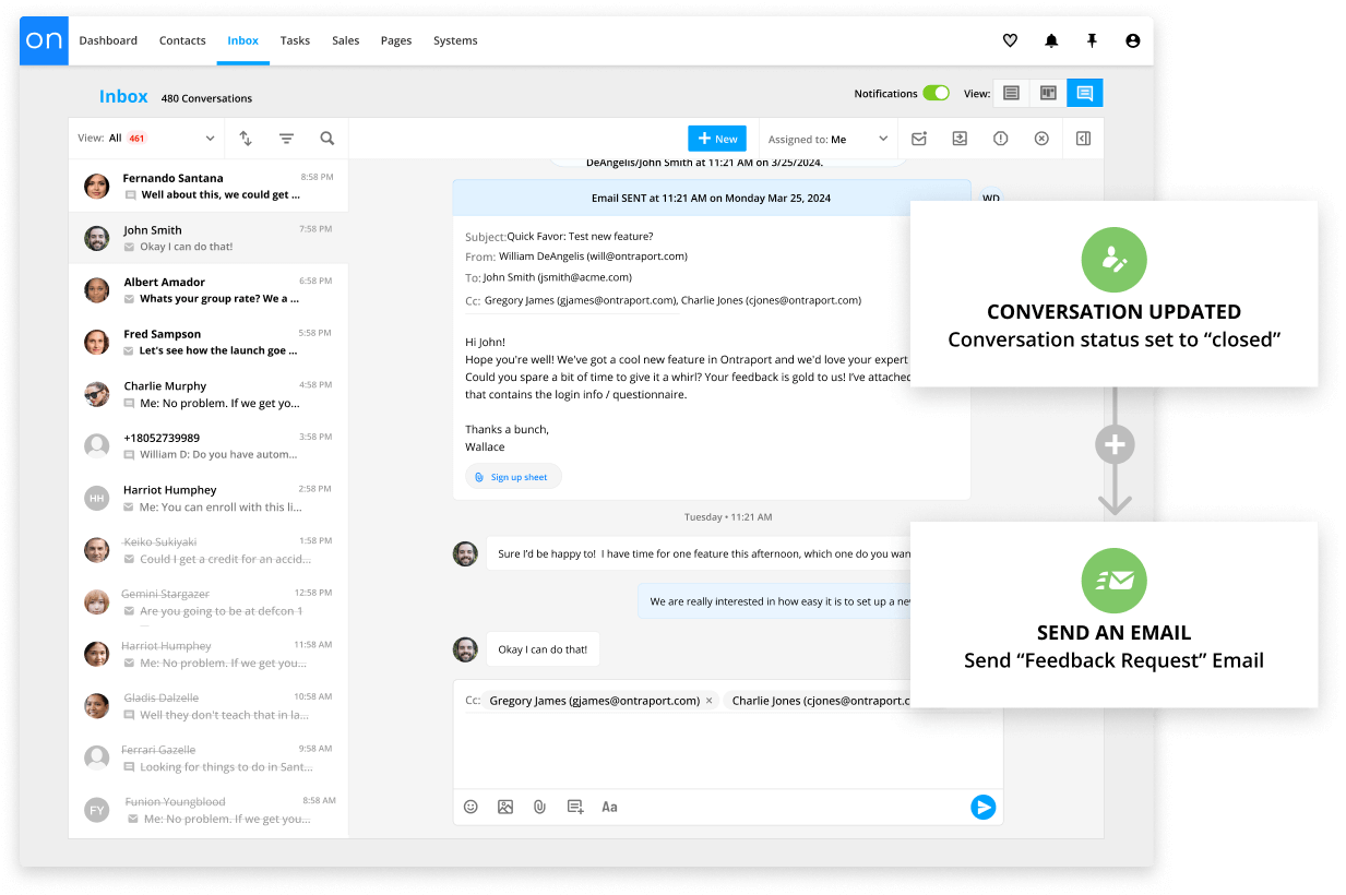 An image of the Inbox feature in Ontraport