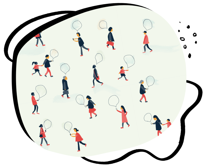 A crowd of people walking with chat bubbles coming from their phones.