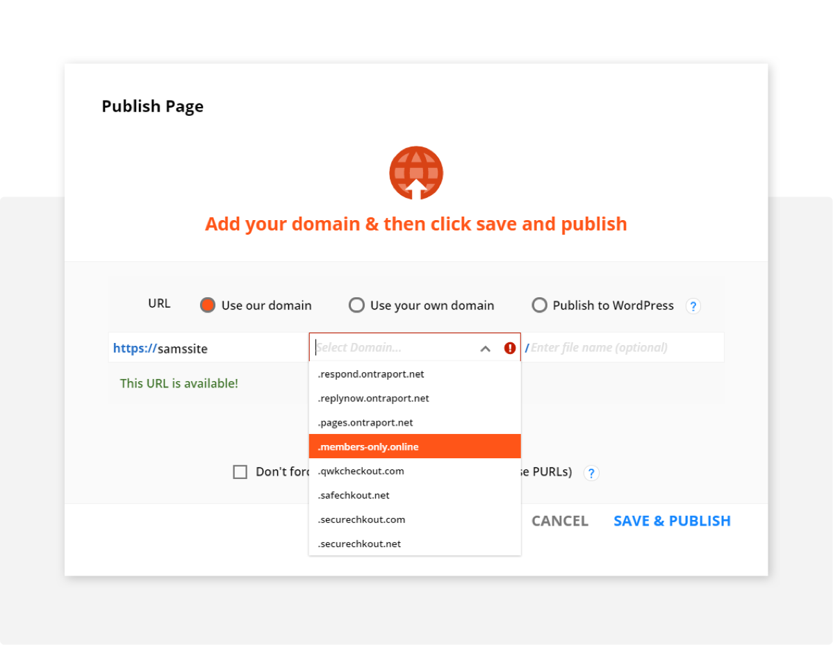 Screenshot showing landing page hosting options in the Ontraport app