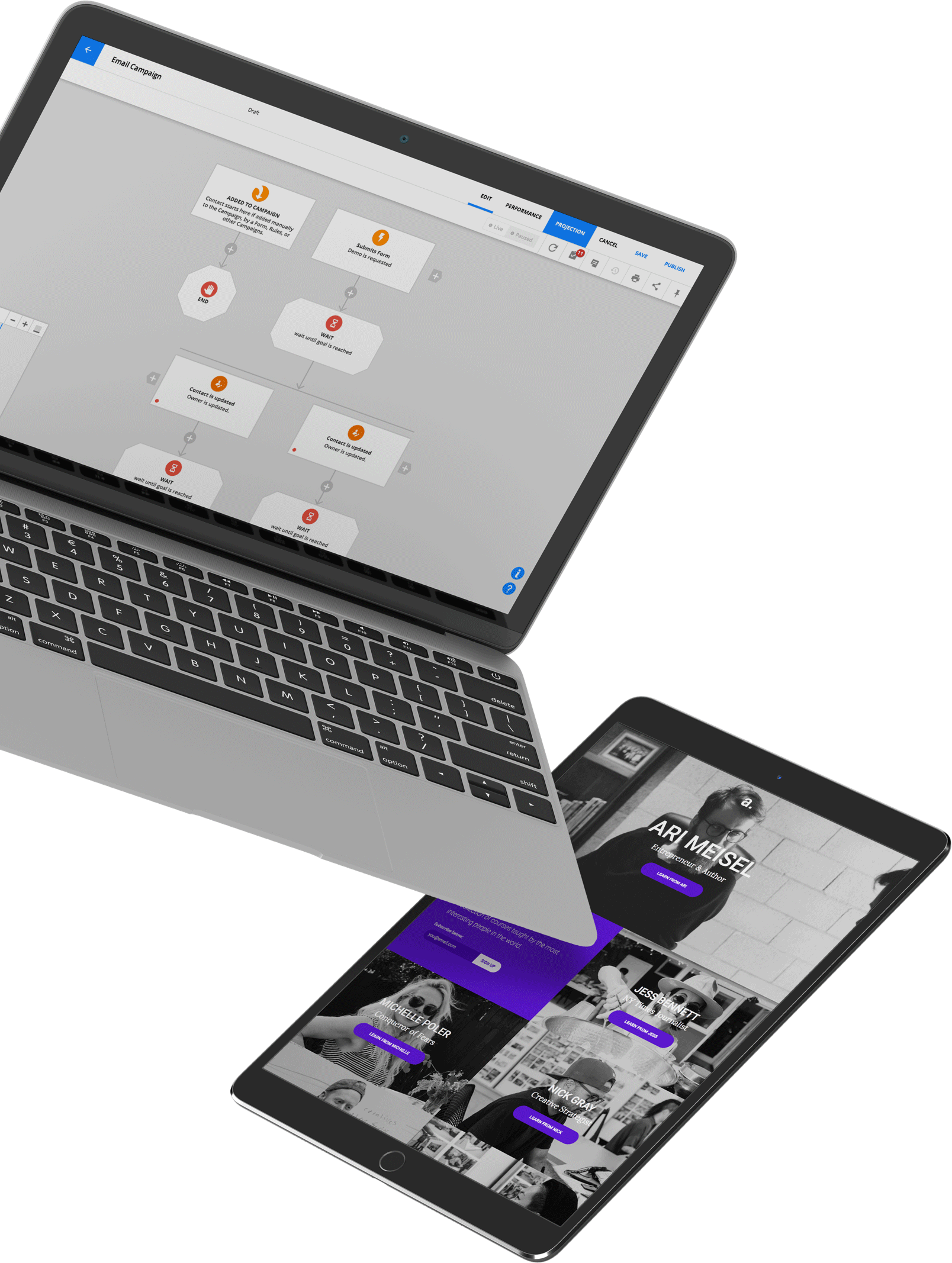 A laptop displaying campaign automation in the Ontraport app and a tablet device displaying the Ontraport Blog