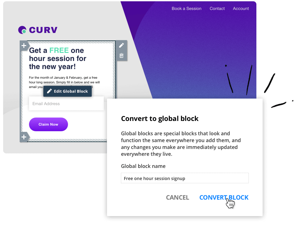 Screenshot showing how Global Blocks work with the Ontraport app