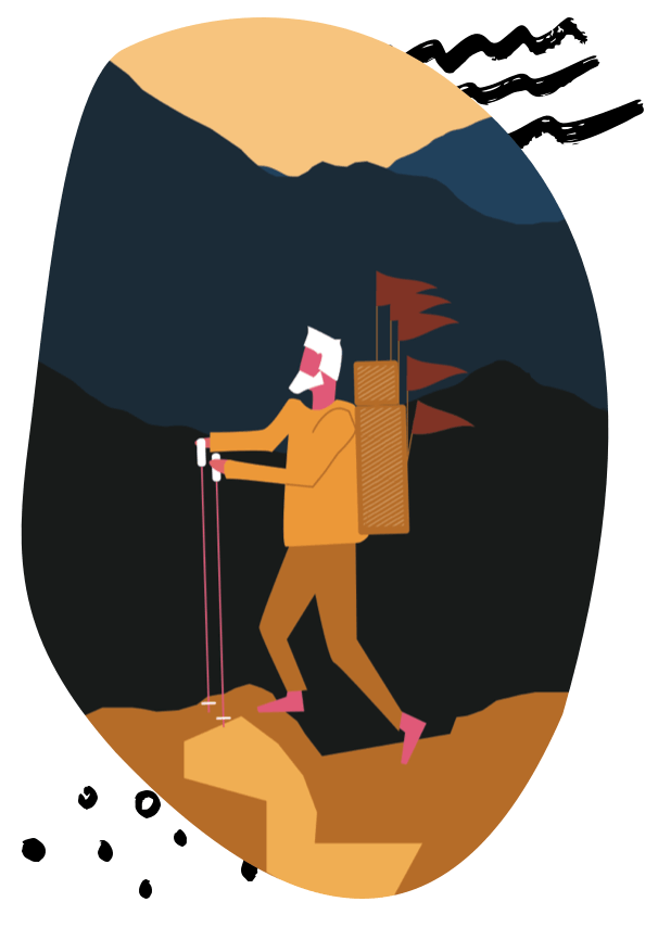 A man hiking a mountain with a backpack filled with red flags.