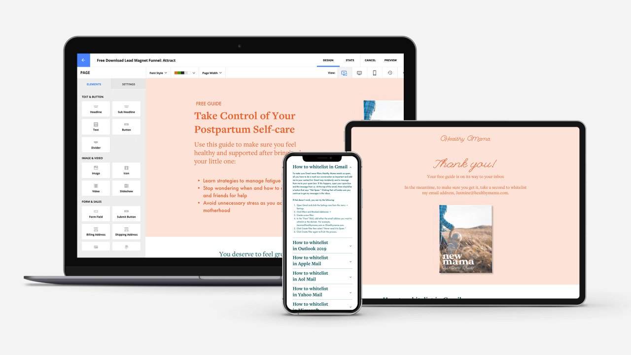 Ontraport's new Free Download Lead Magnet Funnel Wizard being displayed on laptop and tablet devices