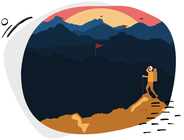 A man hiking at the top of a mountain looking out at other mountains with red flags on them.