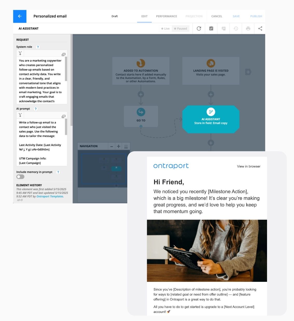AI assistant building a personalized email automation in Ontraport