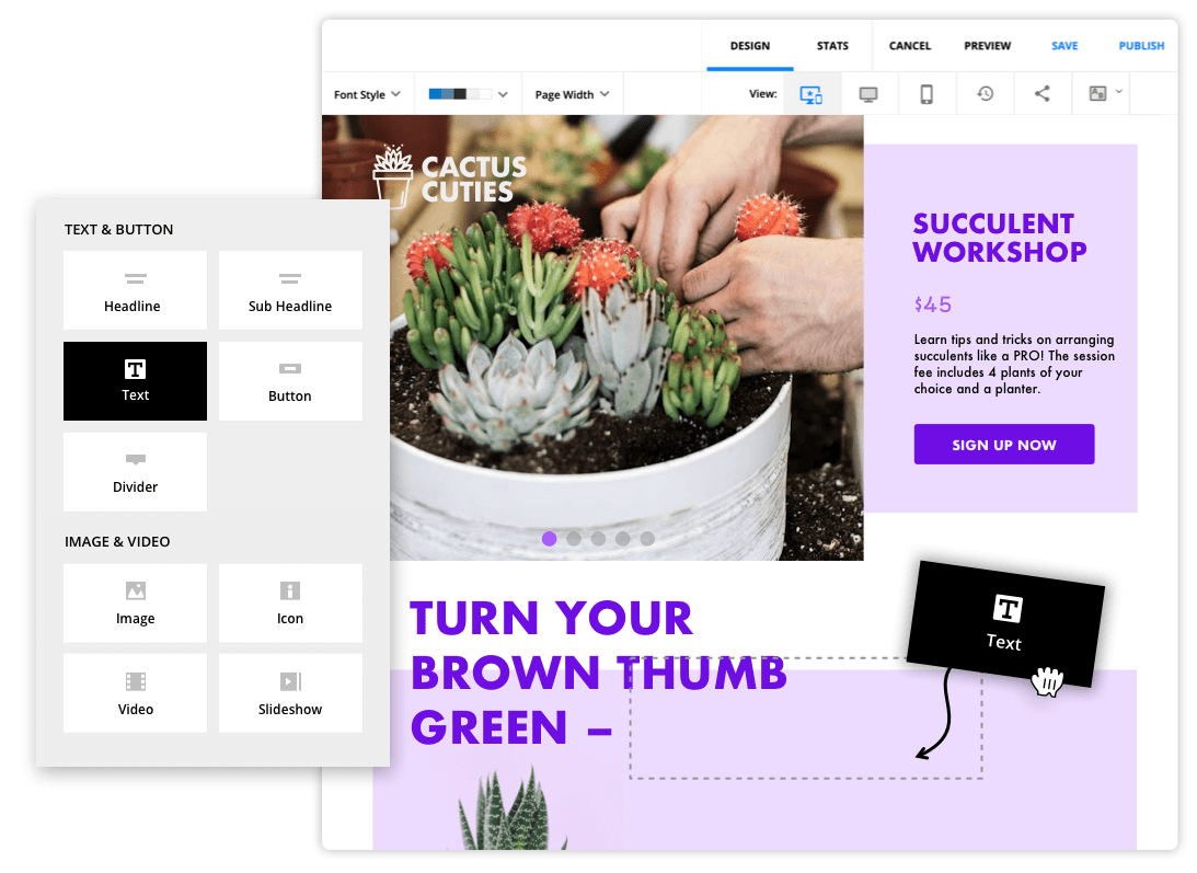 Screenshot showing drag-and-drop elements used in creating Landing Pages with the Ontraport app