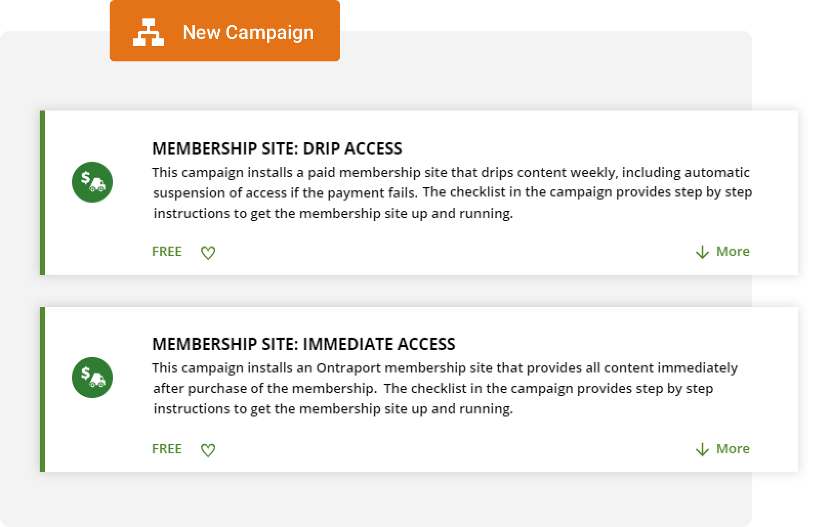 A screenshot of Campaign Automation templates available in the Ontraport app