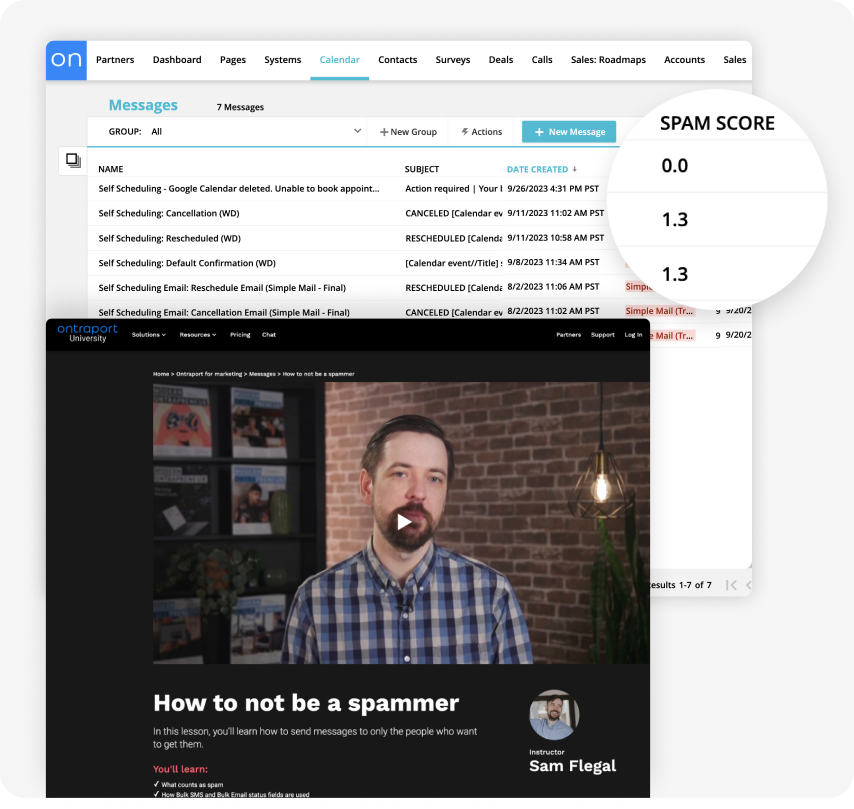 Screenshot of the Messages collection in the Ontraport app, and a screenshot of an Ontraport University course video.