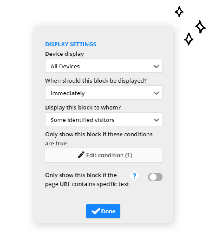 A screenshot of the conditional display options for a block in Ontraport's Landing Pages builder