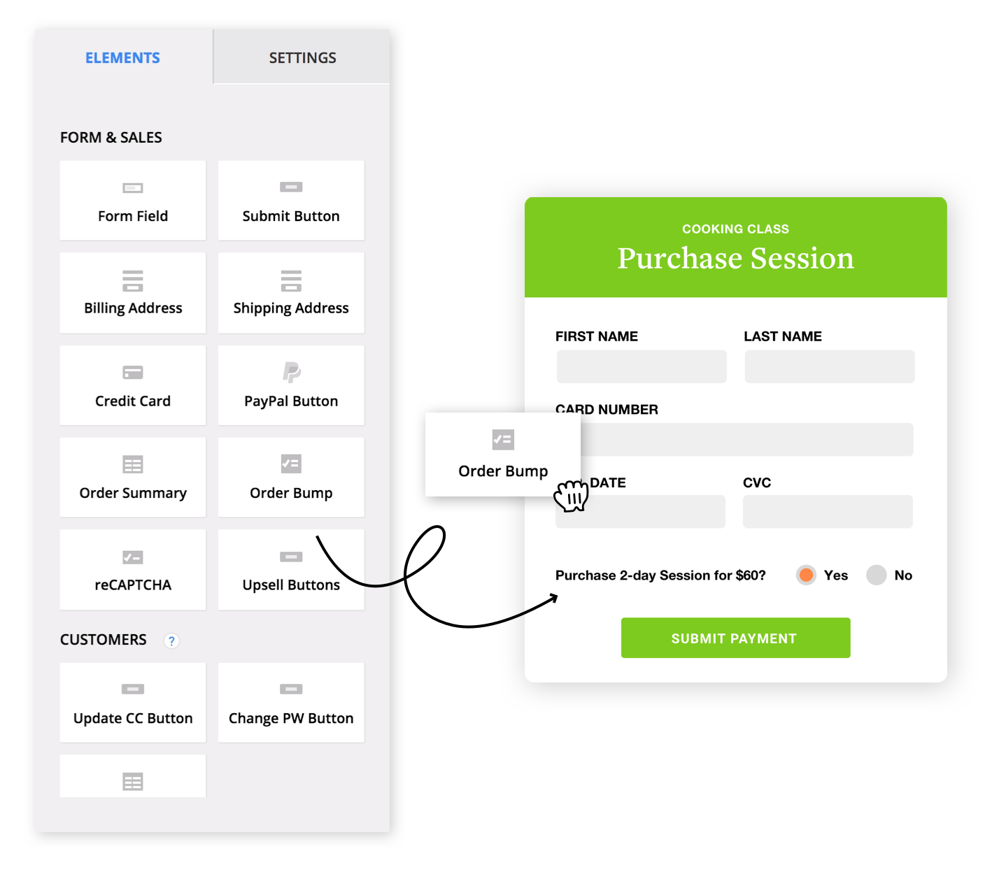 Screenshot showing the ease of drag-and-drop creation of order forms with the Ontraport app.