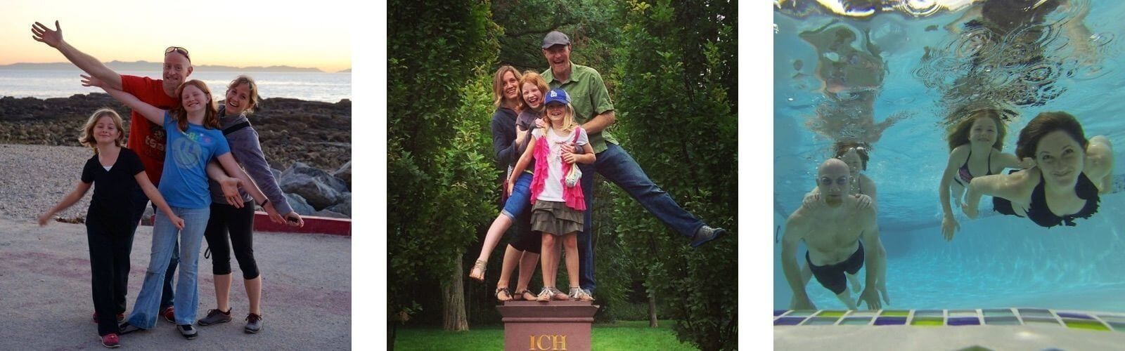 Three images side by side: Far left is a father, mother and two children posing for the camera. Middle is same family on top of a pedestal posing for the camera. Far right is the same family but underwater posing for the camera.