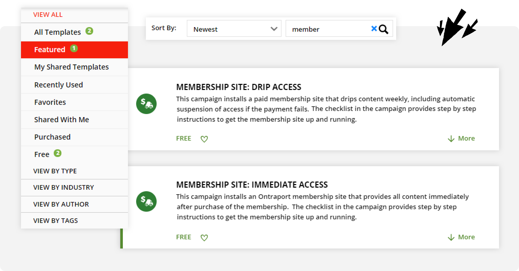A screenshot of membership site template options in the Ontraport app