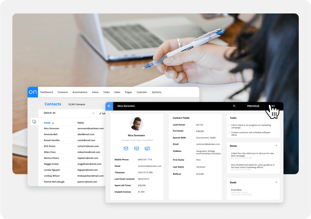 Screenshot of the Calendar feature in Ontraport overlayed on top of people sitting at a table smiling. 