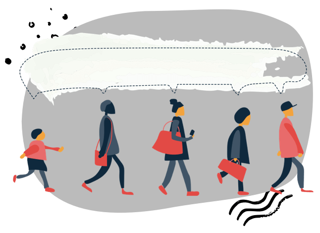 A line of people with a chat bubble coming from their heads.