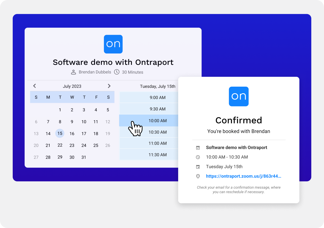 Screenshot of the Calendar feature in Ontraport overlayed on top of people sitting at a table smiling. 