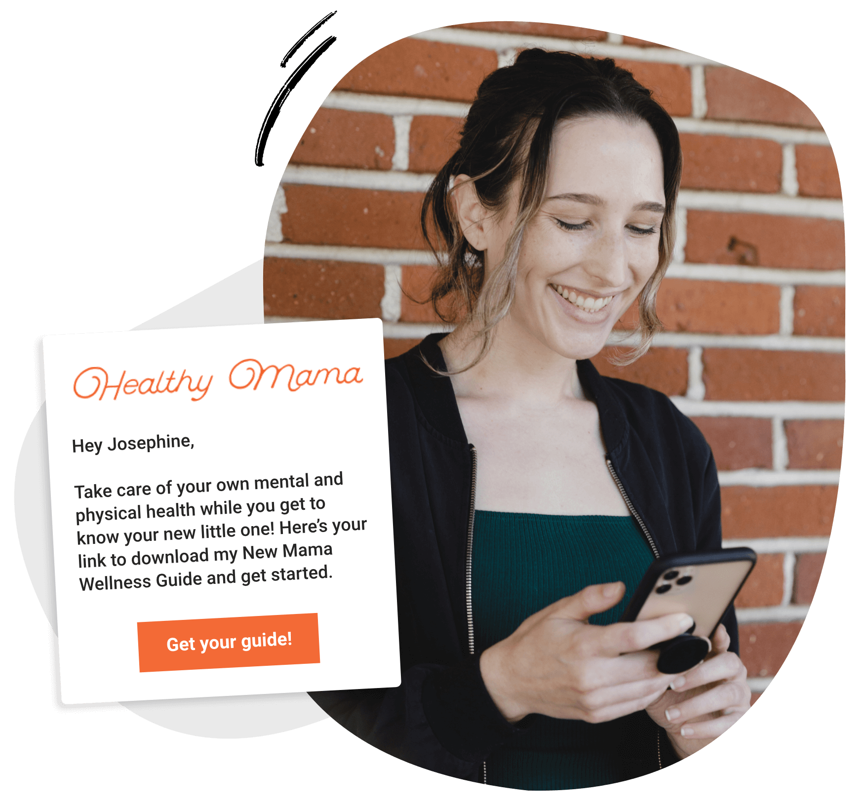 A woman looking at her phone checking emails.