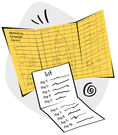 A blueprint of a rocketship with a to-do list in front of it.