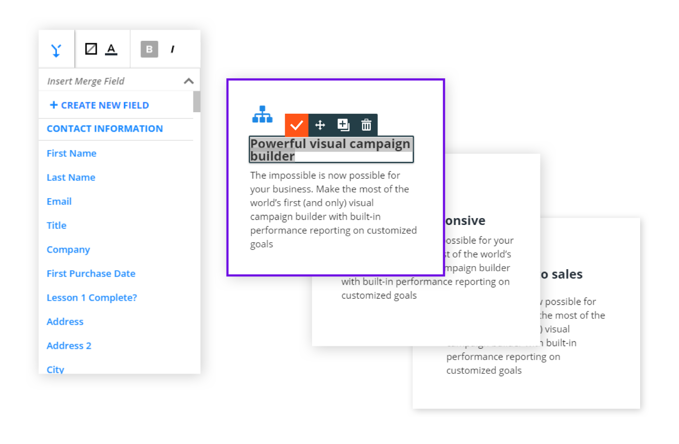 Screenshots of Merge Field options in the Ontraport app