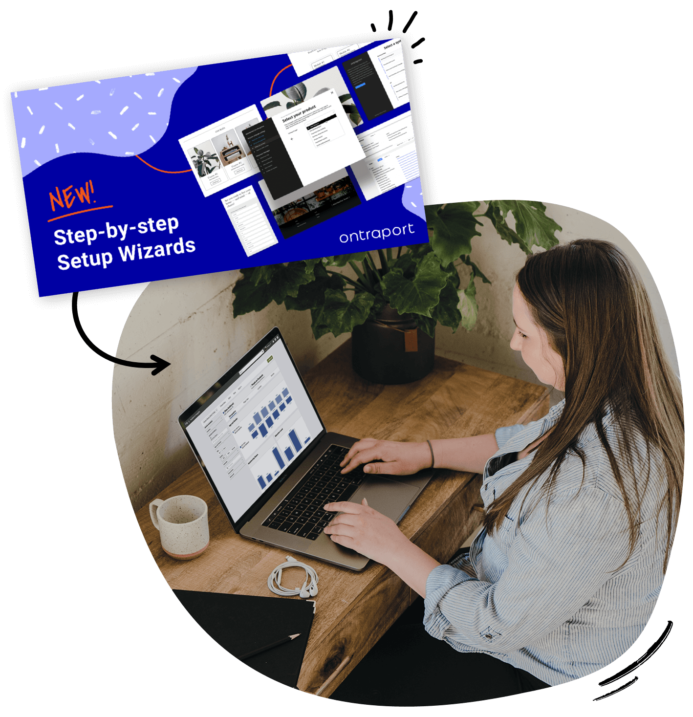A woman sitting at a laptop at a wooden desk.