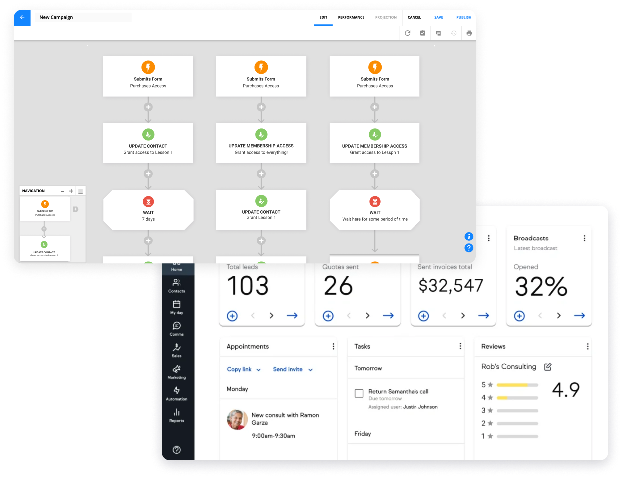 Side-by-side screenshots of the Ontraport app, and Keap