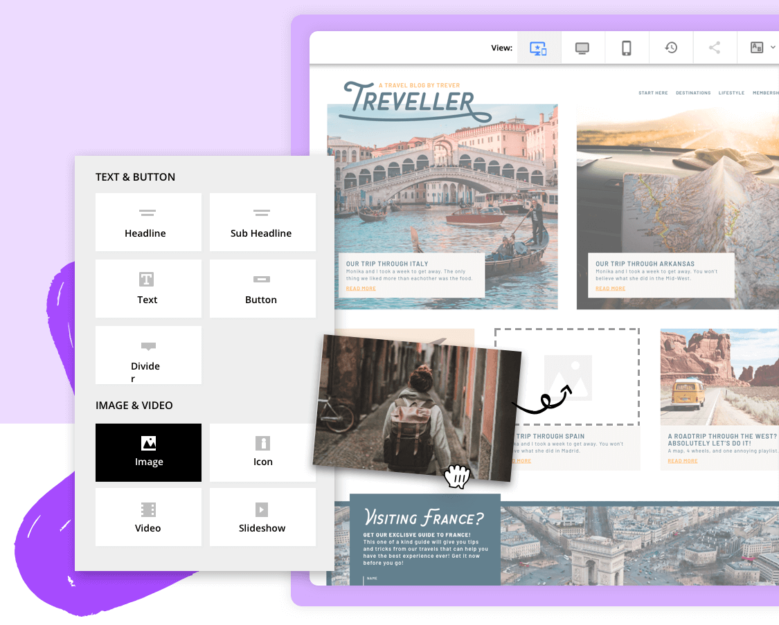 Screenshots of Ontraport's drag-and-drop landing page builder