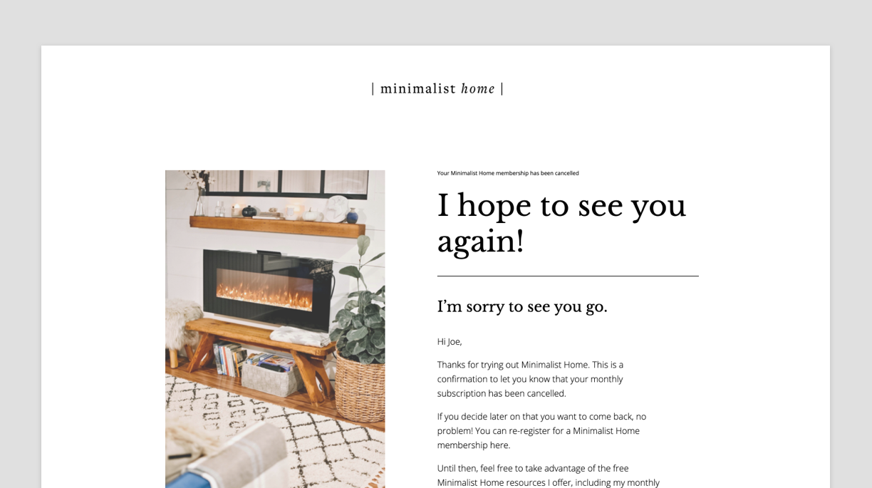 A screenshot of the Membership Cancellation Confirmation Landing Page