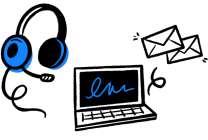 An icon of headphones, a laptop computer and two envelopes.