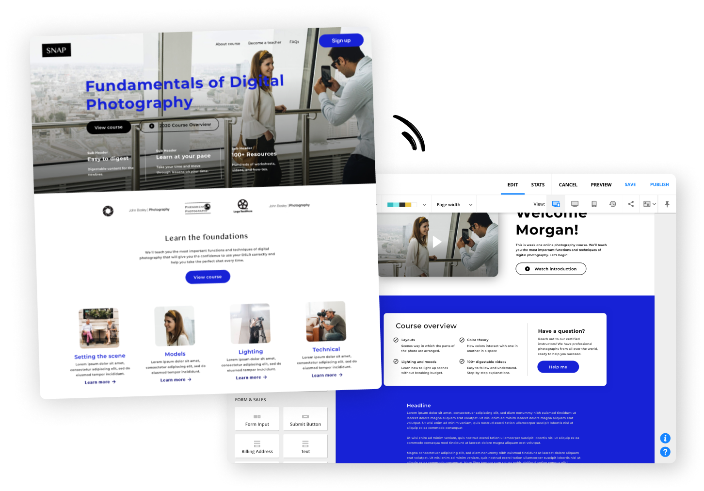 An image of the Ontraport page editor and the live version of the page