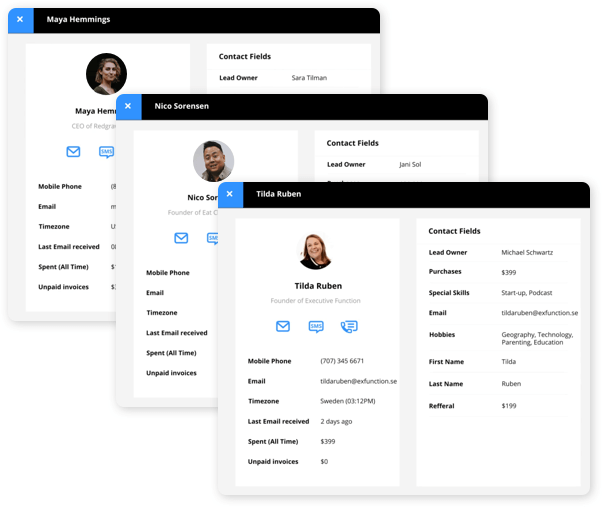 Screenshot of Contact Quick View records in the Ontraport app
