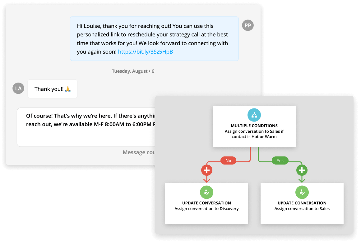 An image of an automation including a condition for actions taken from a conversation utilizing the inbox feature in Ontraport. 