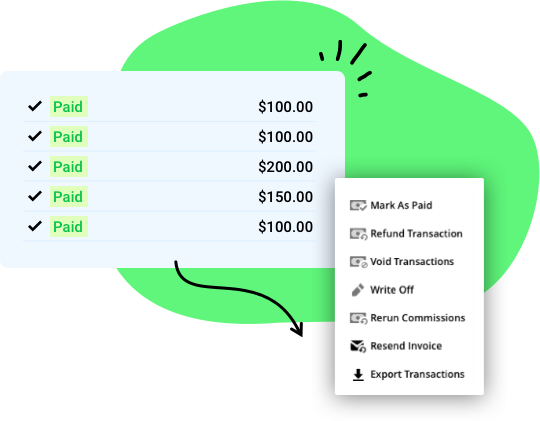 A screenshot of transaction action options in the Ontraport app