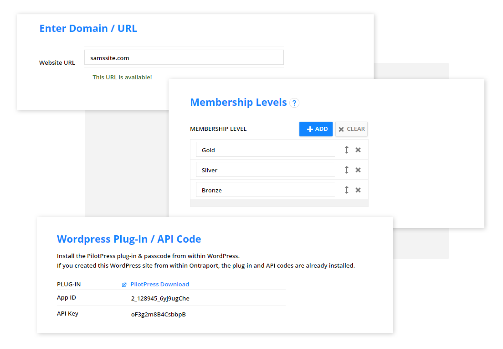 Screenshots of WordPress configuration options in the Ontraport app