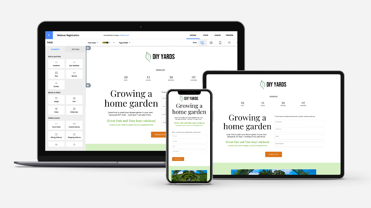 Ontraport's new Webinar Promotion Funnel Wizard being displayed on laptop and tablet devices