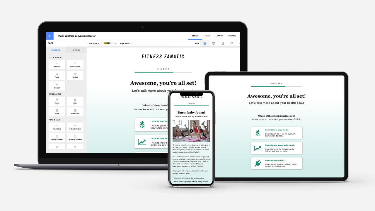 Ontraport's new Thank You Page Conversion Booster Wizard being displayed on laptop and tablet devices