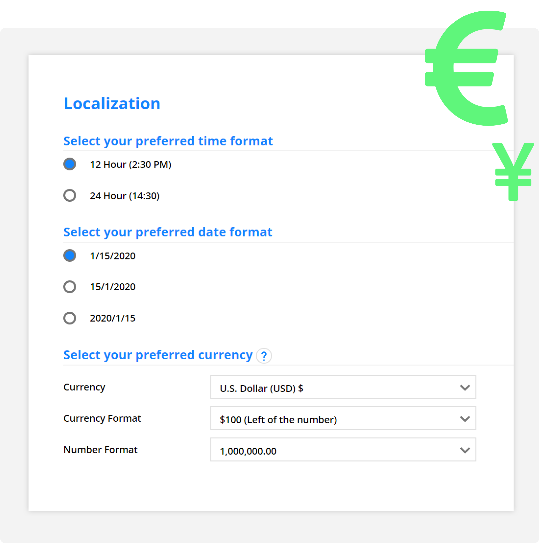 A screenshot of payment localization settings for Order Forms created with the Ontraport app