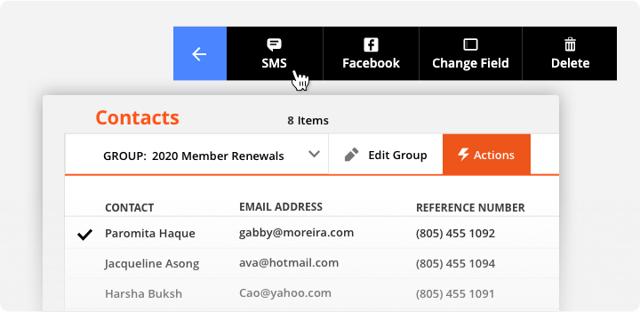 A screenshot showing some of the actions Ontraport users can take on their Contacts