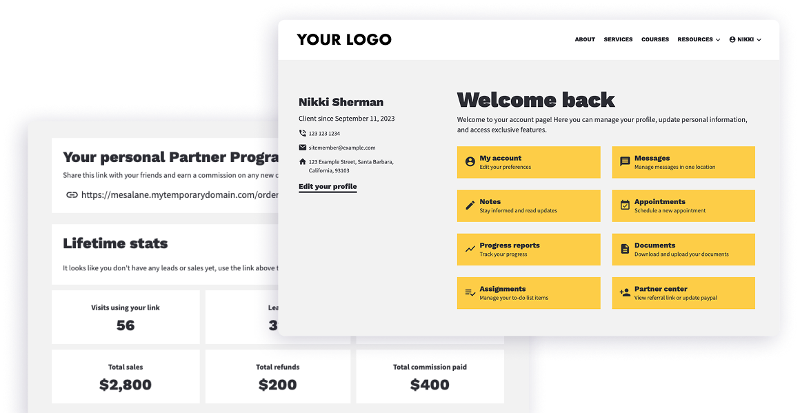 Screens from the Ontraport customer portal demo