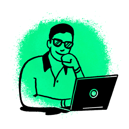 Designed image of a person sitting in front of a computer with glasses on.