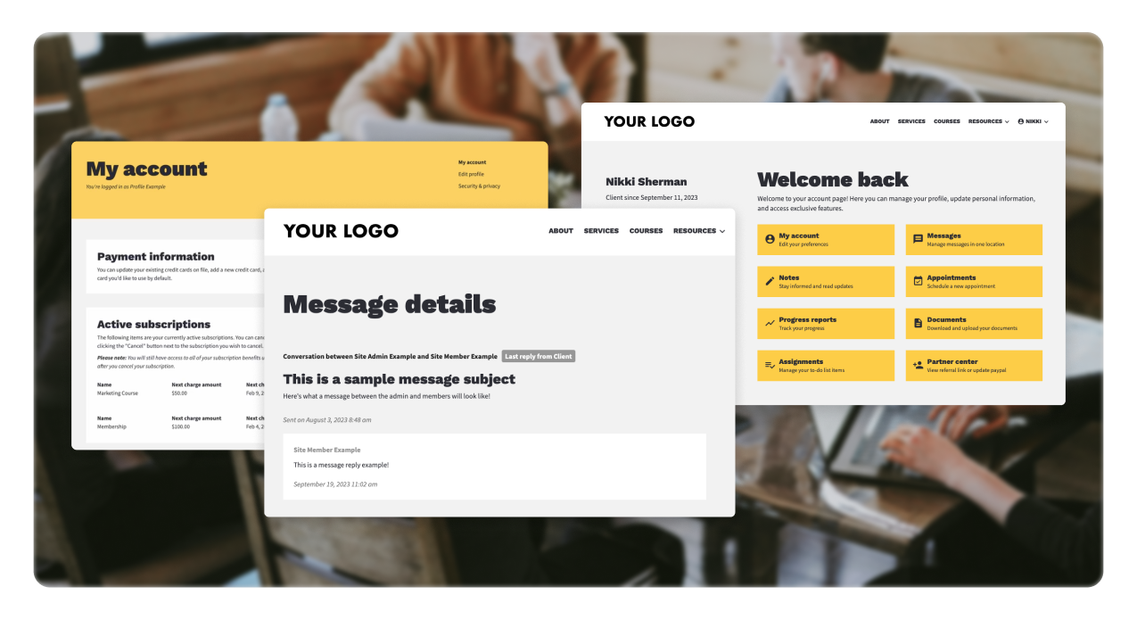 An image of several screens within a customer portal.