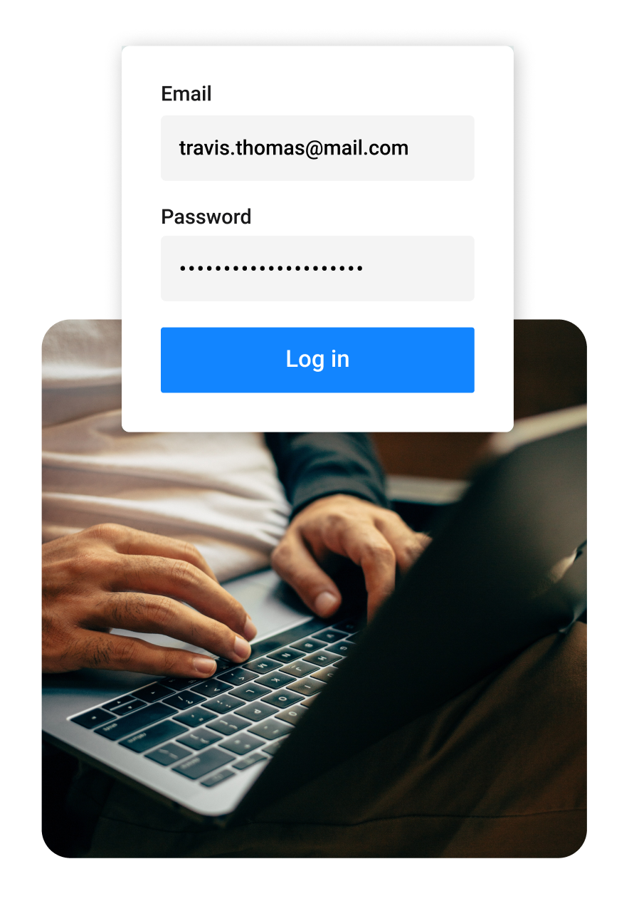 A person using a laptop computer and an image of a membership site login form.
