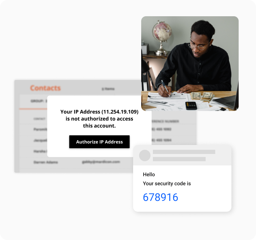 An Ontraport user working, and screenshots of Ontraport's MFA feature