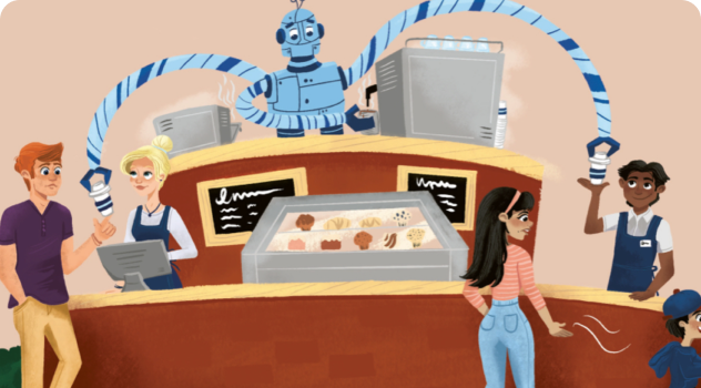An image of a coffee shop with people in it, and a robot delivering coffees to guests