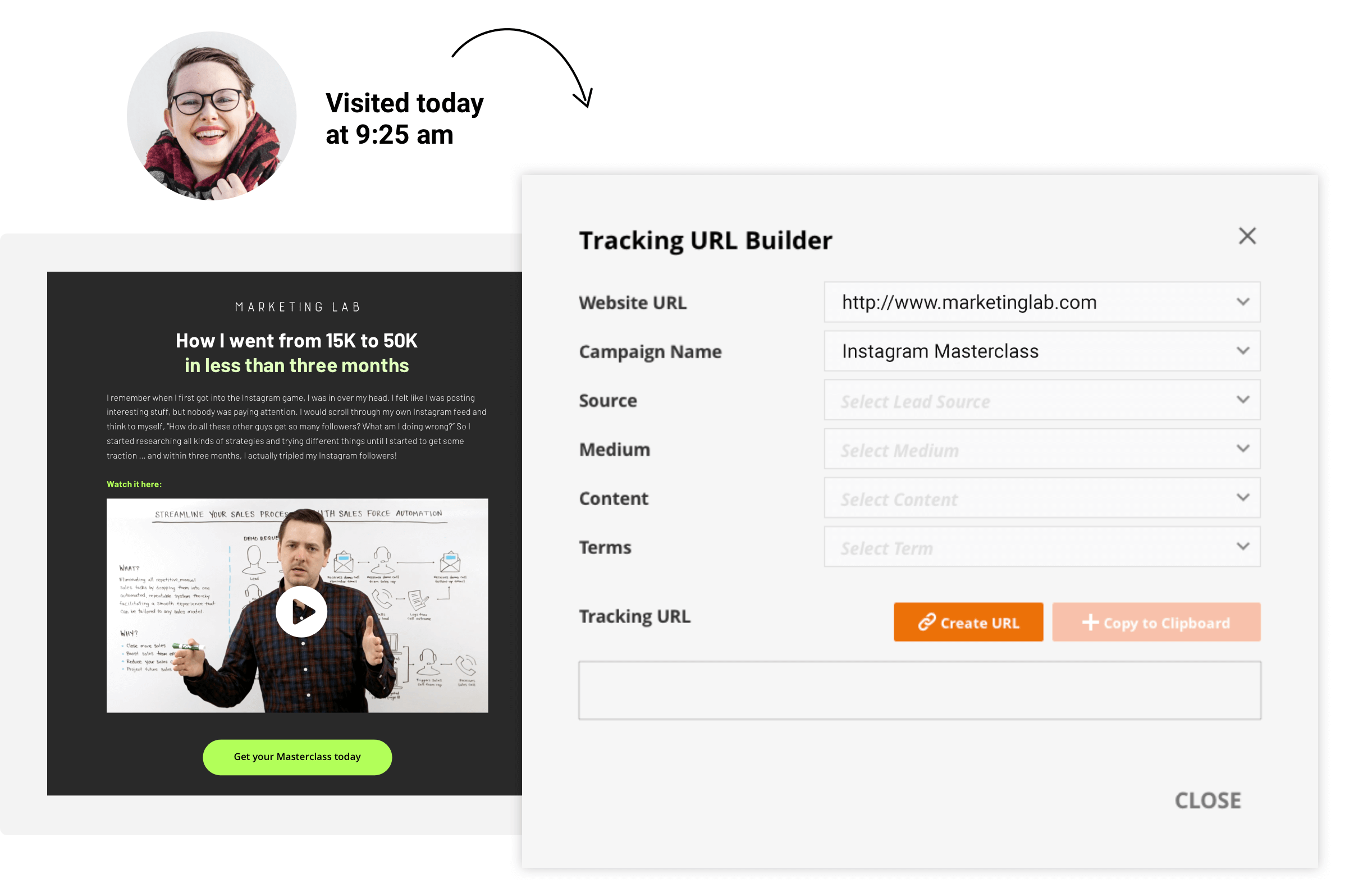 Screenshot of the tracked URL builder feature in the Ontraport app